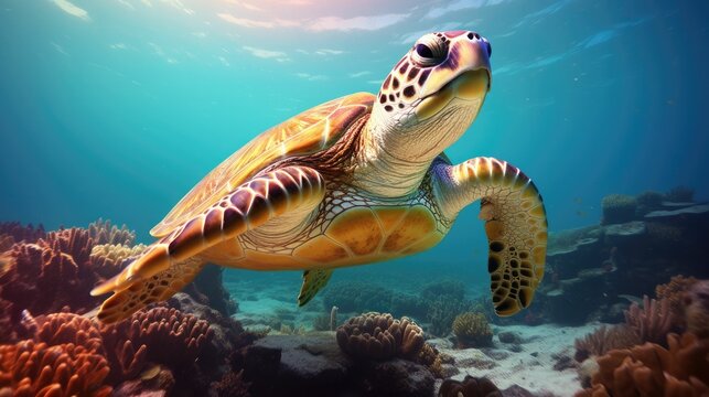 Underwater wild turtle floating ocean