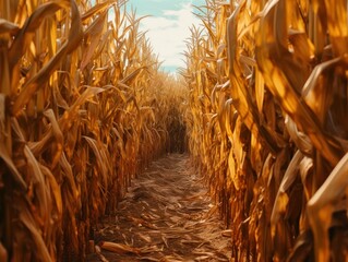 inside a golden corn maze in an agricultural crop field during sunset or sunrise, generative ai