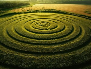 Fototapeta na wymiar Crop circle in green agricultural crop field during sunset or sunrise, generative ai