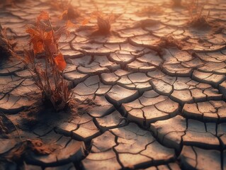 the result of climate change, dry dessert, broken soil, dying plants, generative ai