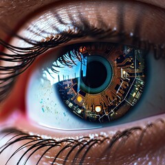 Closeup of a persons eye with augmented reality AR elements superimposed representing technological advancements 