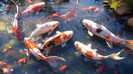 shoal of koi fish in the pond