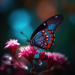 Fototapeta na wymiar Colorful butterfly perched on a vibrant blossom generative AI