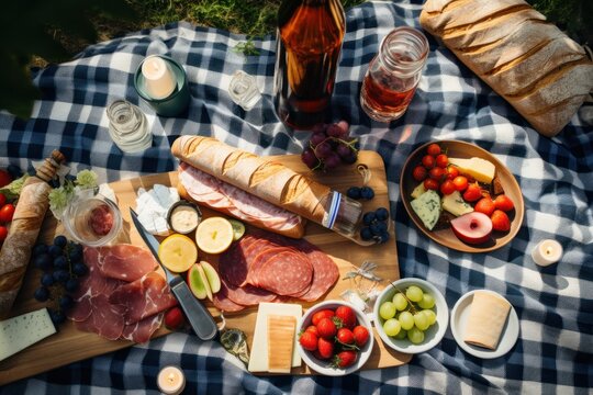 Stilllife illustration of a picnic table with fruits, vegetables, cheese, charcuterie and bread. Generative AI.