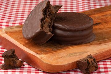 Delicious traditional Argentina alfajor on cutting board.