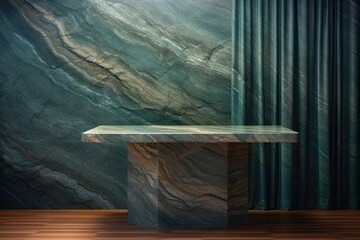 minimalist marble table with a lush green curtain backdrop