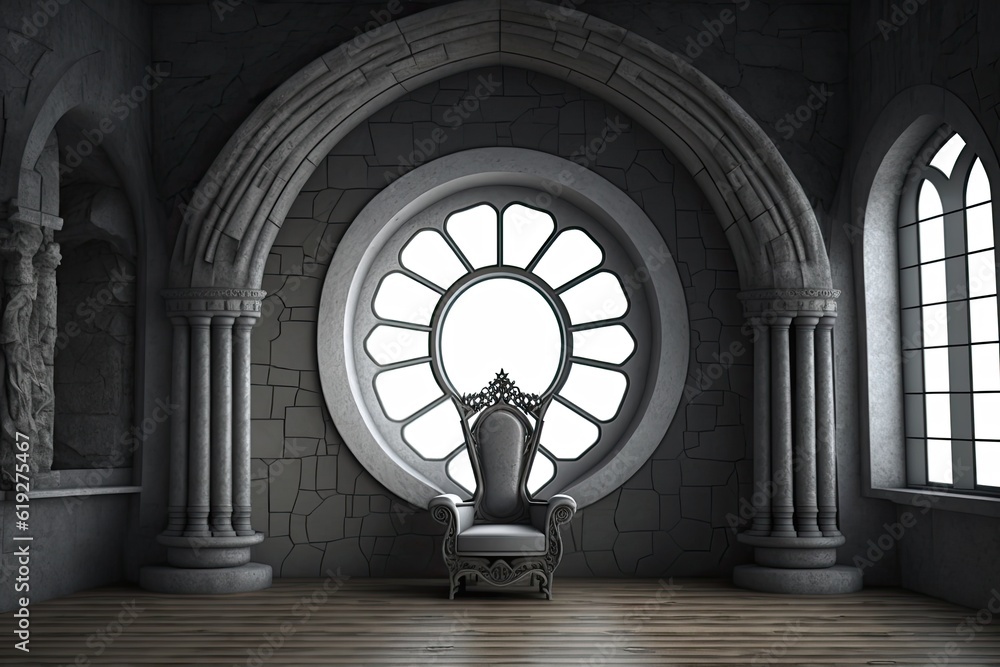 Poster chair placed in front of a circular window with a view. generative ai
