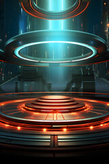Pedestal star gat teleport inside spaceship spacecraft style sci fi, cyberpunk, night cinematic, with red, blue, orange light beam light, shining light. Hitech or futuristic background. Generative ai.