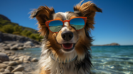 海でバカンスを楽しむサングラスをかけた犬