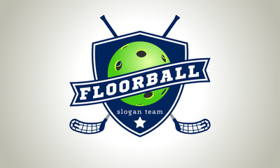 Emblem on the blue shield is a green floorball ball. Logo. Vector image.