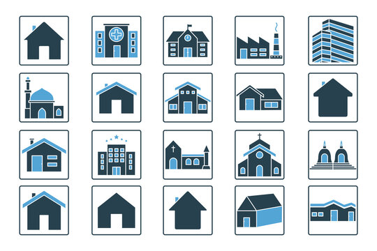 Building set icon. Contains House icon, home, hospital, office building, hotel, factory, school, mosque, church and more. Solid icon style design. Simple vector design editable