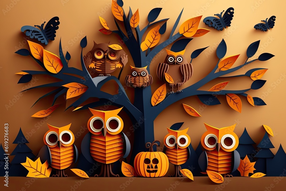 Poster group of owls perched on a tall tree branch. generative ai
