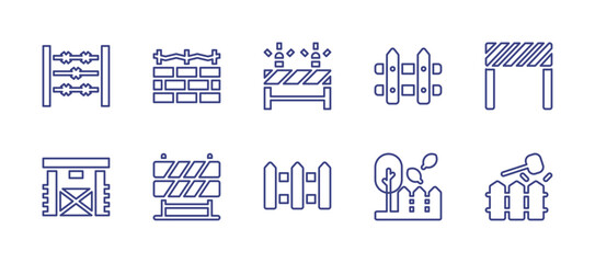 Fencing line icon set. Editable stroke. Vector illustration. Containing barbed wires, wall, fence, gate, barricade.