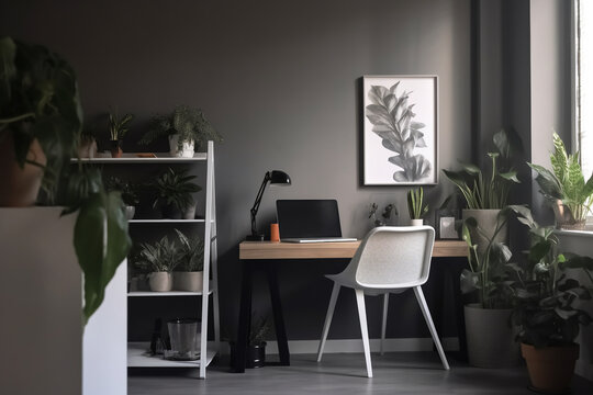 Generative AI.Open space living room interior with mockup computer, fresh plants and decor placed on home office desk with plants