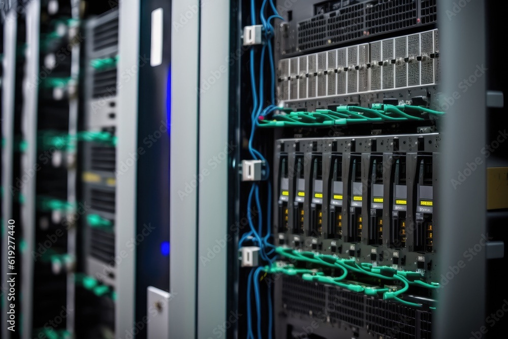 Poster row of servers in a modern and organized server room. generative ai