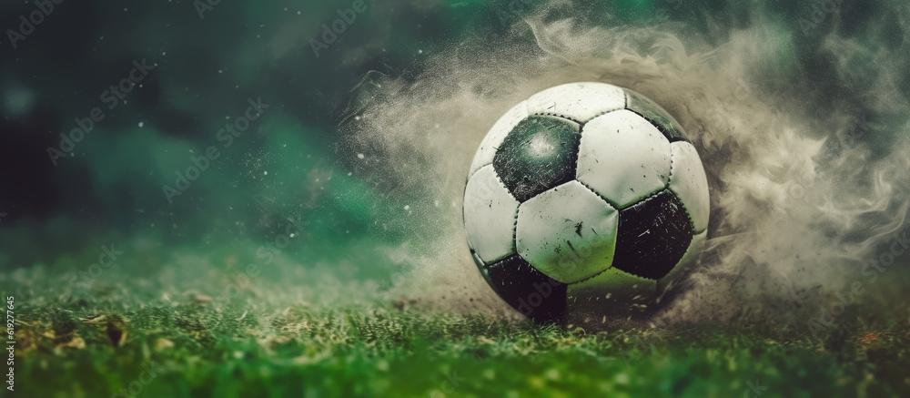 Wall mural soccer ball with dust and smoke on green grass background , generative ai