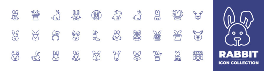 Rabbit line icon collection. Editable stroke. Vector illustration. Containing rabbit, magic hat, bunny, cruelty free, magic, bunny ears, mask, magician, and more.