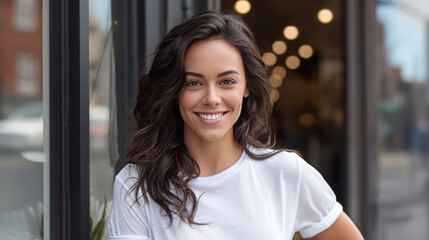Woman wearing a plain white tshirt, smiling