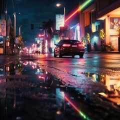Neon light reflections on a wet road 