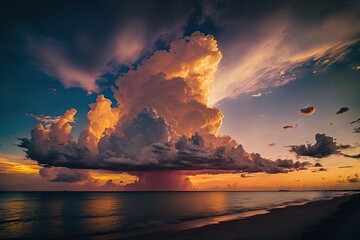 serene beach landscape with a massive cloud formation in the sky. Generative AI