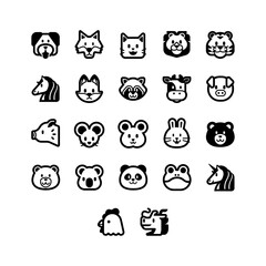 Set of animals face Icons. Simple Silhouettes style icons pack.