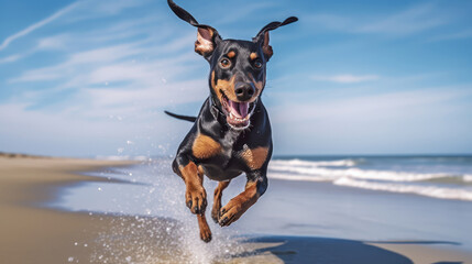 Close up photo of a Doberman dog Jumping to the beach 