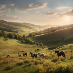 Fototapeta premium Peaceful countryside with grazing horses and rolling hills 