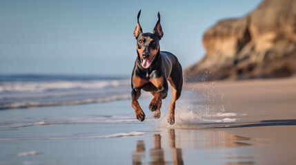 Close up photo of a Doberman dog Jumping to the beach 