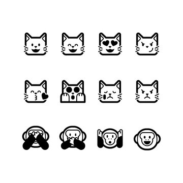 Set of cat and monkey faces Icons. Simple Silhouettes style icons pack.