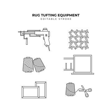 rug tufting equipment icon set. Simple line art style icon pack.