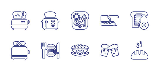 Toast line icon set. Editable stroke. Vector illustration. Containing toaster, english breakfast, bread, toast, breakfast, beer.