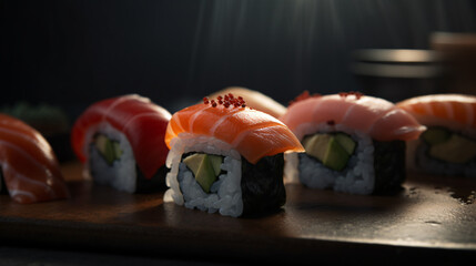 sushi on black background food fish rice salmon generative ai