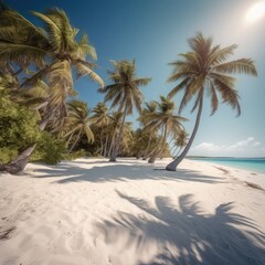 Obraz na płótnie Canvas Pristine white sand beach with palm trees swaying in the breeze generative AI