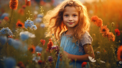 Fototapeta premium Cute happy little girl of 4 years ocean in sunset light.