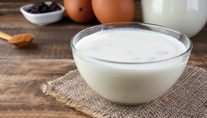 Glass cup of Turkish traditional drink ayran , kefir or buttermilk made from yogurt, homemade yoghurt in glass bowl on rustic table, healthy food