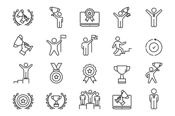 Success set icon. Contains Champion icon, winner, victory, success, hold trophy, Wreaths, celebration, and more. line icon style design. Simple vector design editable