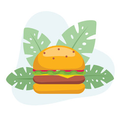 Burger flat vector Illustration Icon decorated with leaves for web use for fast food, meal, snack, food.