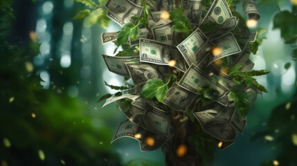 Money tree with dollars instead of leaves bokeh green summer background