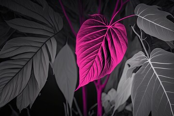 pink heart-shaped leaf on a black and white background. Generative AI