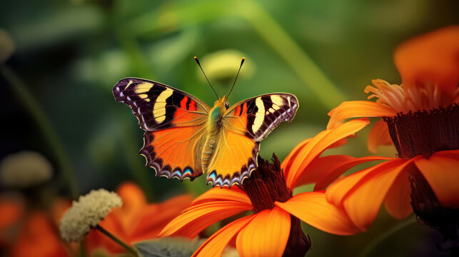 Photo macro orange butterfly sitting on flower