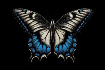 Fototapeta na wymiar blue and white butterfly against a black background