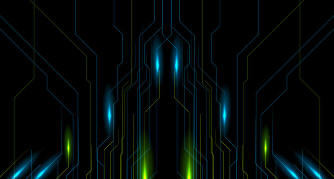 Abstract glowing blue green circuit board lines tech background. Futuristic vector design