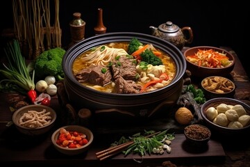 Asian food in bowl. Chopsticks, meat, southern countryside