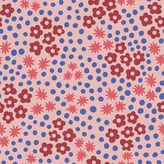 Hand drawn seamless pattern with pastel shabby chic pink red flower floral elements blue dots leaves, ditsy summer spring botanical nature print, beige warm bloom blossom stylized petals.