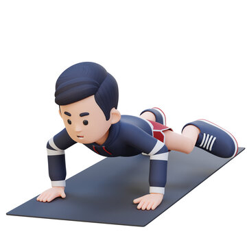 3D Sporty Male Character Performing Spiderman Push Up Exercise at Home Gym