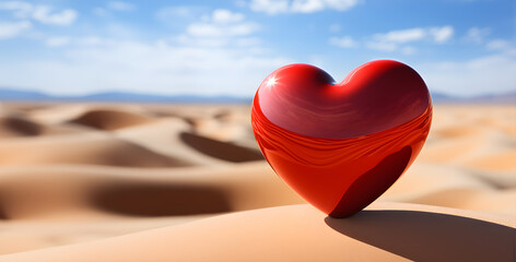 Red heart on desert floor Hot and lonely sand dunes sweltering sunshine mountains background Sky and clouds. The concept is like traveling, adventuring, heartbroken, abandoned, lonely. Generative Ai.