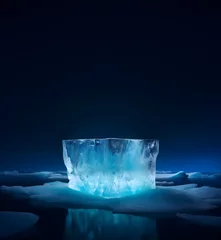 Tuinposter Arctic iceberg mountain landscape crystal stand product display platform on water glacier advertisement blue ice cold cool fresh winter north pole frozen snow freeze dark sky night. Generative Ai. © chawalit