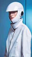 Futuristic White Outfit: Magazine Cover Photo with Male Model and Helmet against Blue Background Gaming Generative AI 