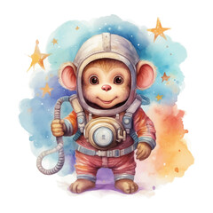 Cute astronaut monkey cartoon in watercolor painting style