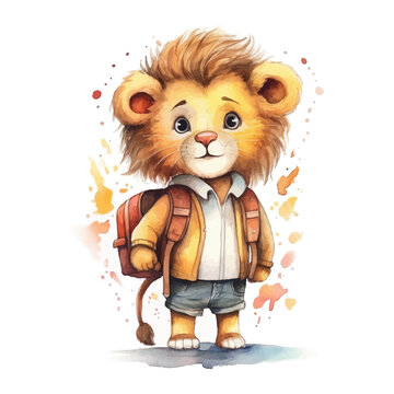 Cute lion student cartoon in watercolor painting style